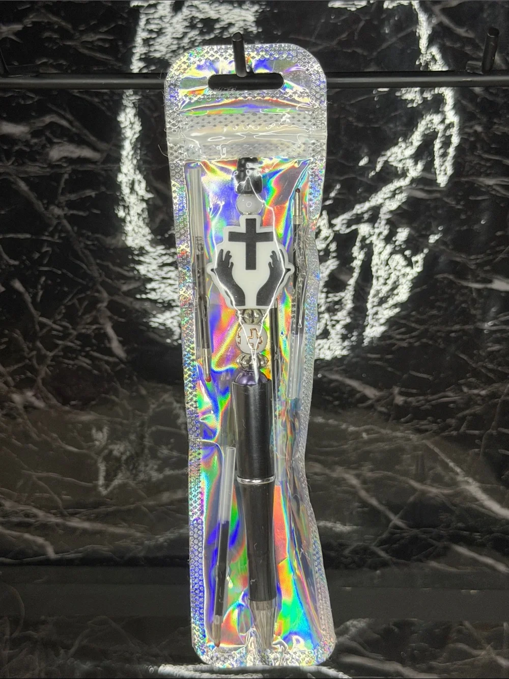Black Cross Focal Bead Pen  Black and Blue Ink